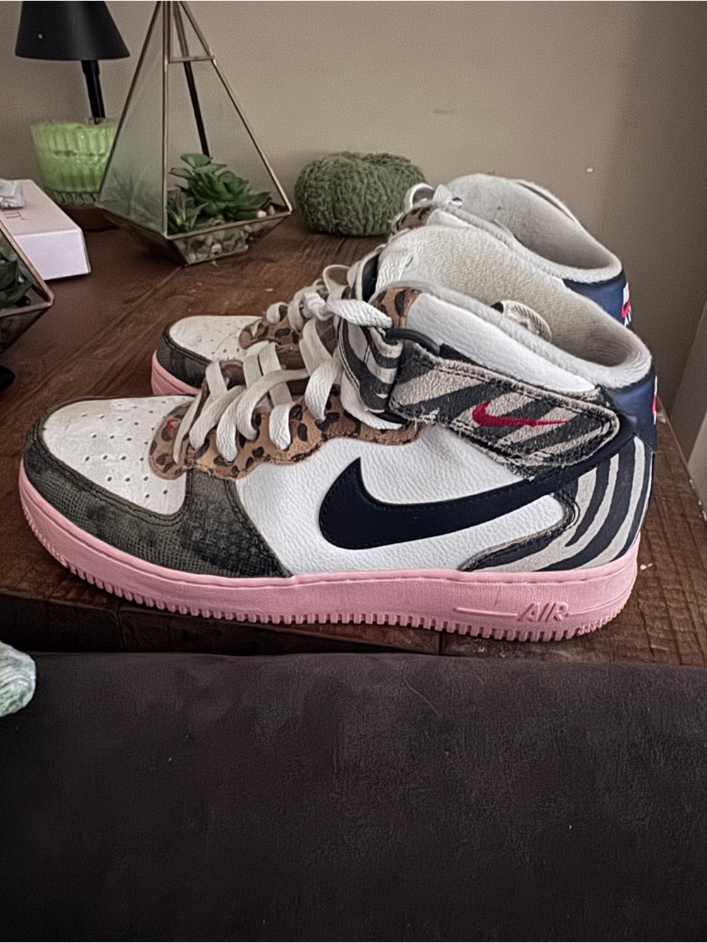 Nike Mid-Top Sneakers - White, Navy, Pink with Animal Print Accents